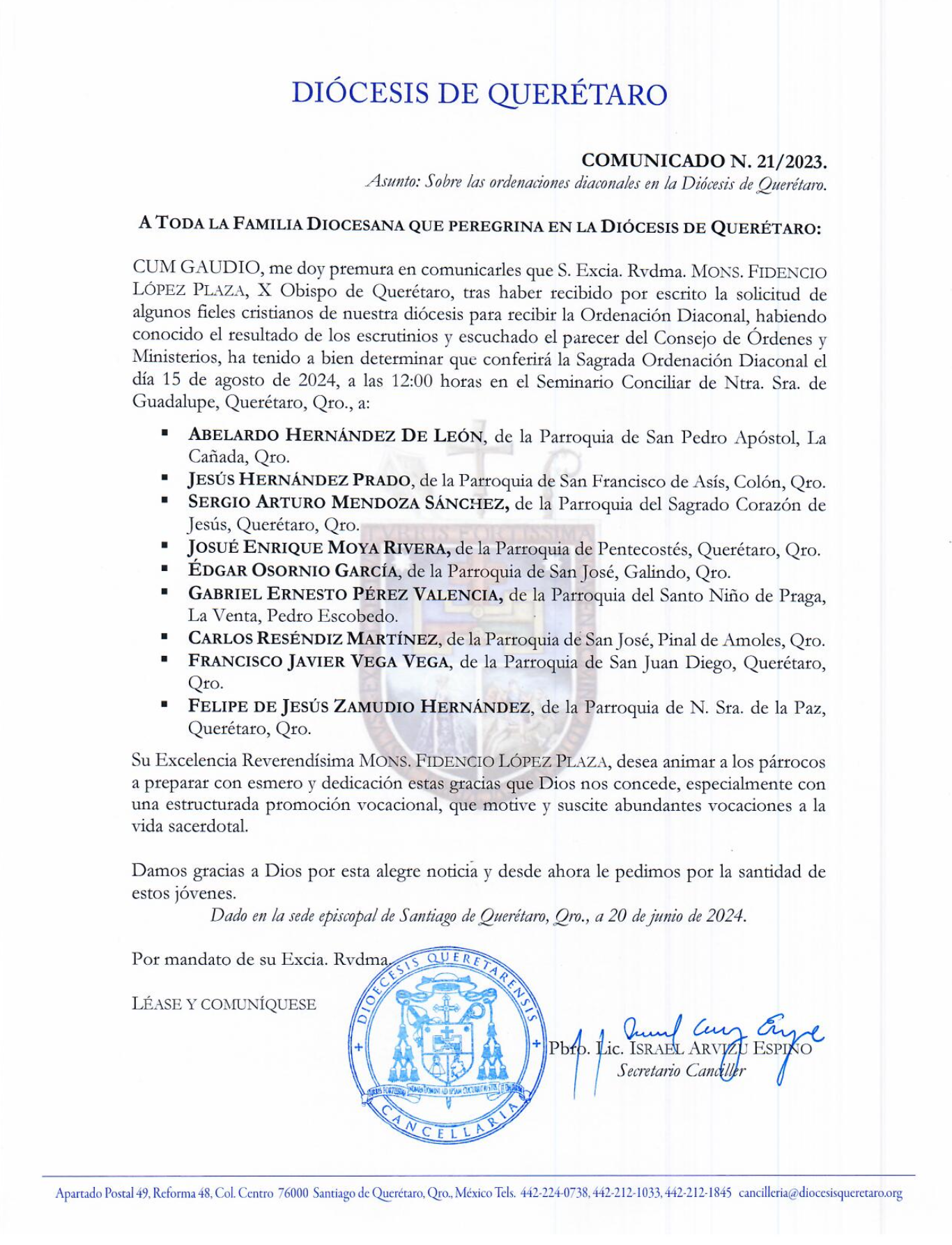 COMUNICADO N. 21/2024. Asunto: Sobre las ordenaciones diaconales en la Diócesis de Querétaro.